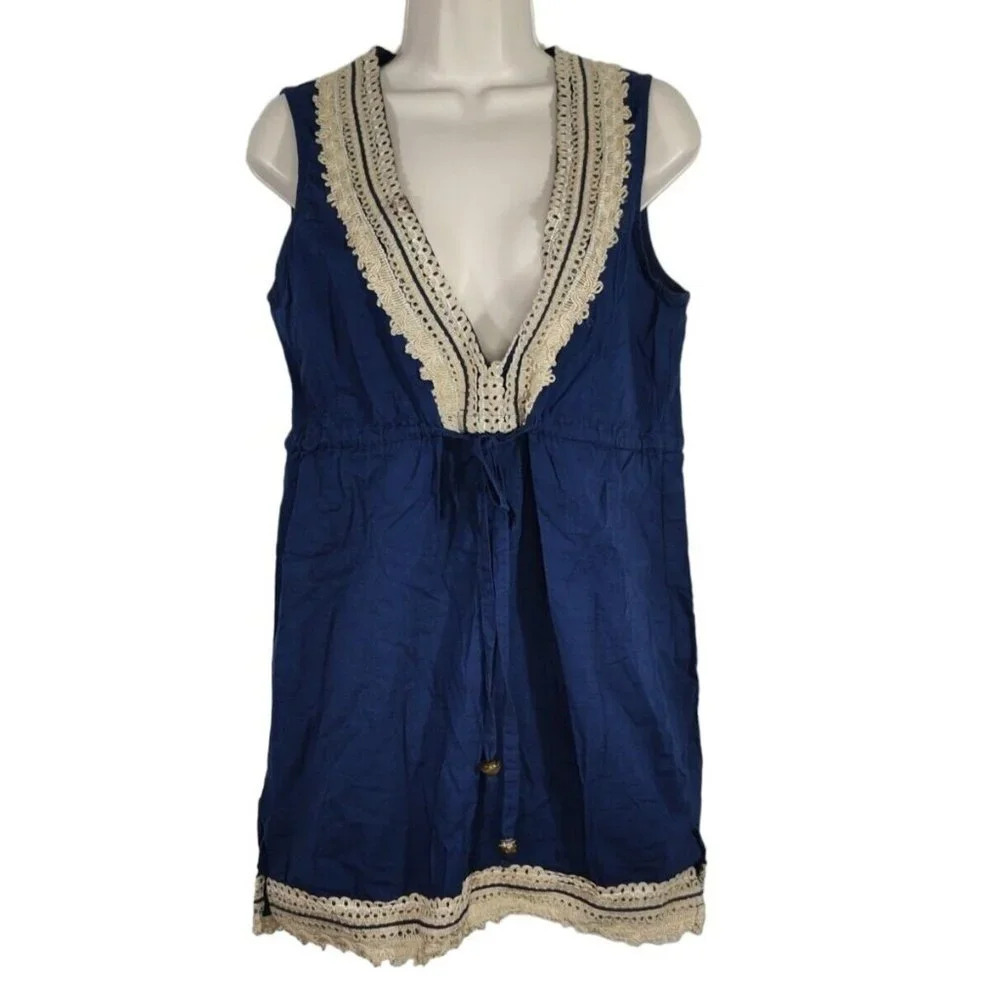 Mud Pie Blue Tunic Top Boho Women Size S Plunge V-neck Sleeveless Tie Waist